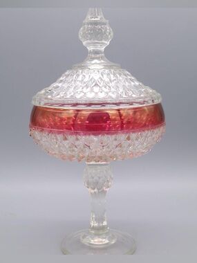 Vintage Indiana Glass Diamond Point Ruby Flash Pedestal Candy Dish